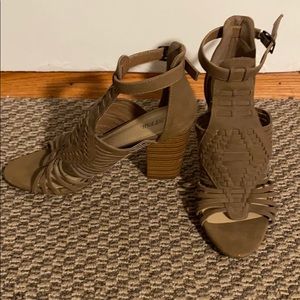 Tan suede heeled sandals